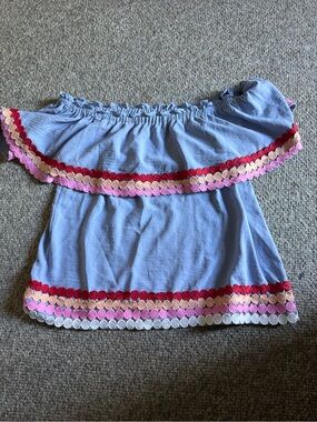 entro Light Blue Off-Shoulder Top with Pink and Red Trim